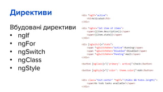 Директиви
Вбудовані директиви
• ngIf
• ngFor
• ngSwitch
• ngClass
• ngStyle
 