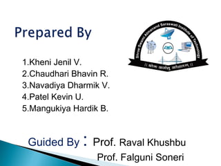 1.Kheni Jenil V.
2.Chaudhari Bhavin R.
3.Navadiya Dharmik V.
4.Patel Kevin U.
5.Mangukiya Hardik B.
Guided By : Prof. Raval Khushbu
Prof. Falguni Soneri
 