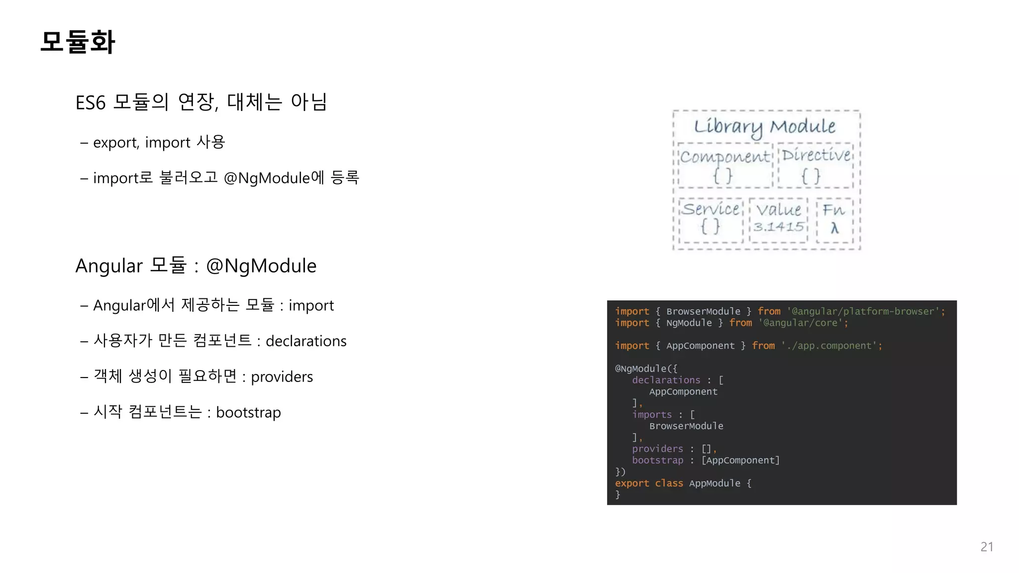 모듈화
ES6 모듈의 연장, 대체는 아님
– export, import 사용
– import로 불러오고 @NgModule에 등록
Angular 모듈 : @NgModule
– Angular에서 제공하는 모듈 : import
– 사용자가 만든 컴포넌트 : declarations
– 객체 생성이 필요하면 : providers
– 시작 컴포넌트는 : bootstrap
21
import { BrowserModule } from '@angular/platform-browser';
import { NgModule } from '@angular/core';
import { AppComponent } from './app.component';
@NgModule({
declarations : [
AppComponent
],
imports : [
BrowserModule
],
providers : [],
bootstrap : [AppComponent]
})
export class AppModule {
}
 