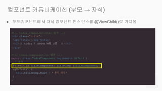 ● 부모컴포넌트에서 자식 컴포넌트 인스턴스를 @ViewChild()로 가져옴
컴포넌트 커뮤니케이션 (부모 → 자식)
<!-- todos.component.html 일부 -->
<div class="title">
<app-title></app-title>
<h2>{{ today | date:'M월 d일' }}</h2>
</div>
<!-- todos.component.ts 일부 -->
export class TodosComponent implements OnInit {
// 생략
@ViewChild(TitleComponent) titleComp :TitleComponent;
ngOnInit() {
this.titleComp.text = '나의 하루'
}
}
 
