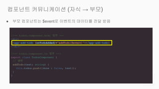 ● 부모 컴포넌트는 $event로 이벤트의 데이터를 전달 받음
컴포넌트 커뮤니케이션 (자식 → 부모)
<!-- todos.component.html 일부 -->
<div>
<app-add-todo (onTodoAdded)="addTodo($event)"></app-add-todo>
</div>
<!-- todos.component.ts 일부 -->
export class TodosComponent {
// 생략
addTodo(text: string) {
this.todos.push({done : false, text});
}
}
 