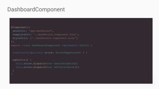 @Component({
selector: 'app-dashboard',
templateUrl: './dashboard.component.html',
styleUrls: ['./dashboard.component.scss']
})
export class DashboardComponent implements OnInit {
constructor(private store: Store<AppState>) { }
ngOnInit() {
this.store.dispatch(new SearchOrders())
this.store.dispatch(new GetTotalSales())
}
}
DashboardComponent
 