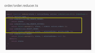 export function reducer(state = initialState, action: orderActions.All): OrderState {
switch (action.type) {
case orderActions.REQ_SEARCH_ORDERS:
return state;
case orderActions.REQ_SEARCH_SUCCESS:
return Object.assign({}, state, { orders: action.orders });
case orderActions.SELECT_ORDER:
return Object.assign({}, state, { selectedOrder: action.order });
case orderActions.RESET:
return Object.assign({}, state, { selectedOrder: null });
default:
return state;
}
}
order/order.reducer.ts
 