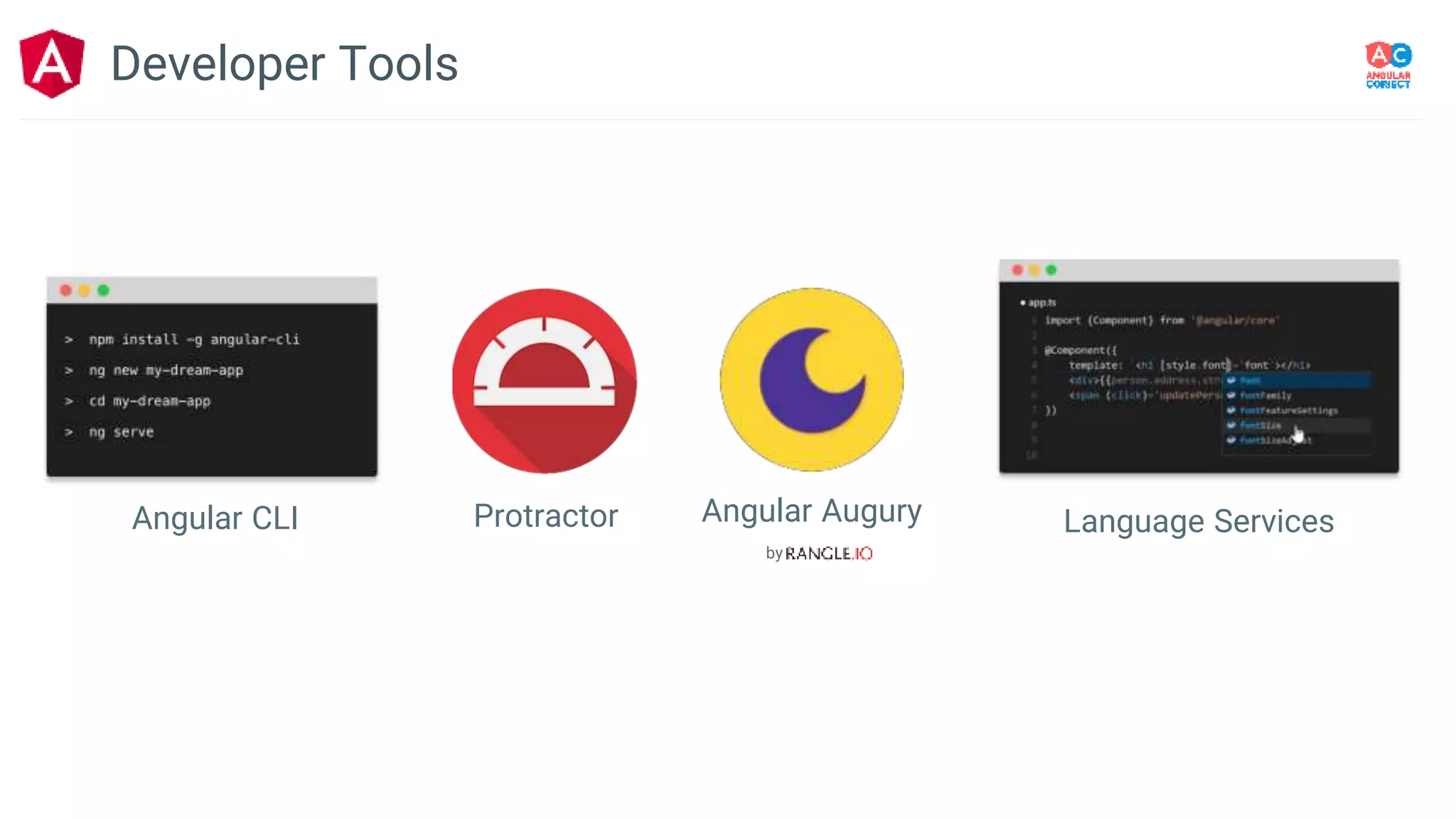 Angular CLI
by
Angular Augury Language Services
Developer Tools
Protractor
 