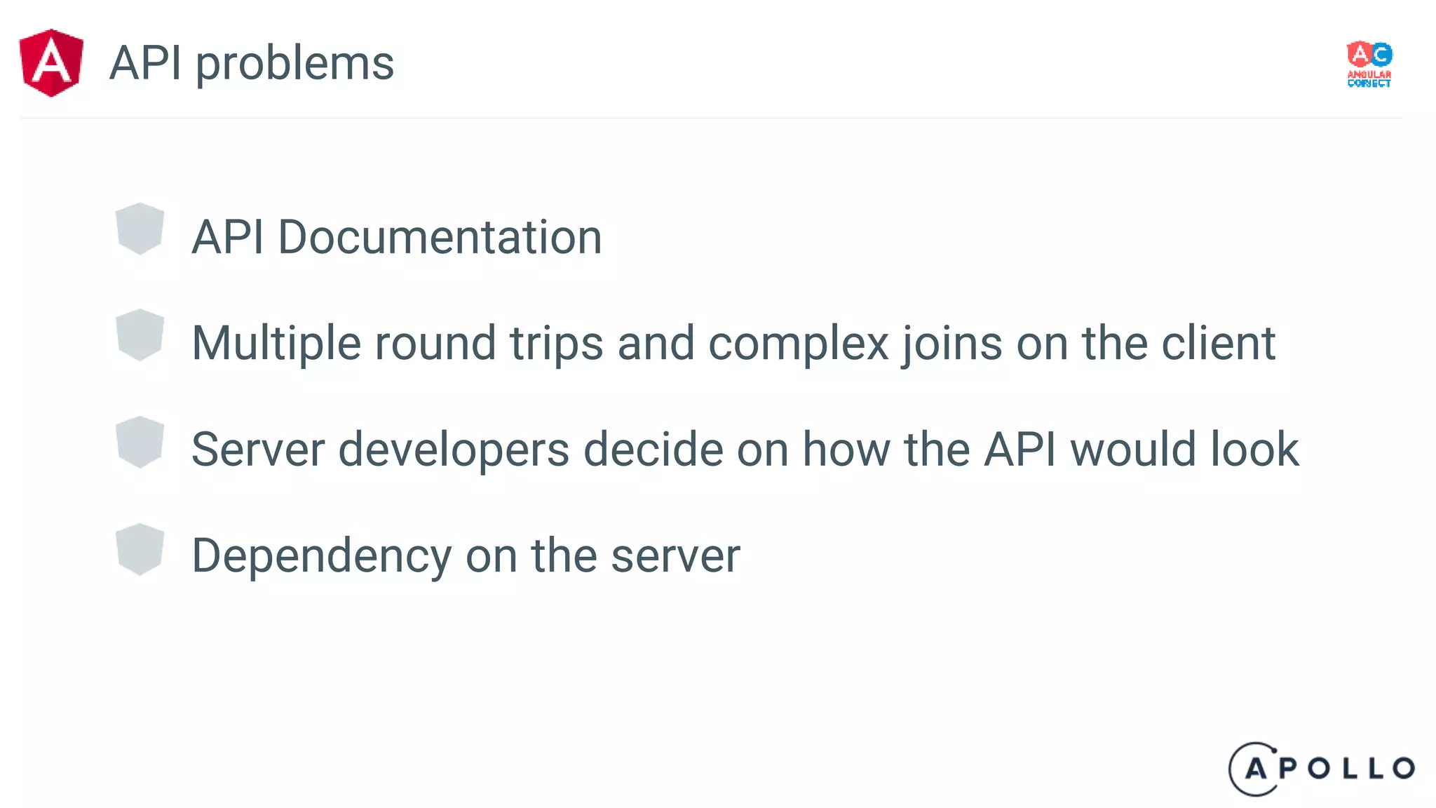 API Documentation
Multiple round trips and complex joins on the client
Server developers decide on how the API would look
Dependency on the server
API problems
 