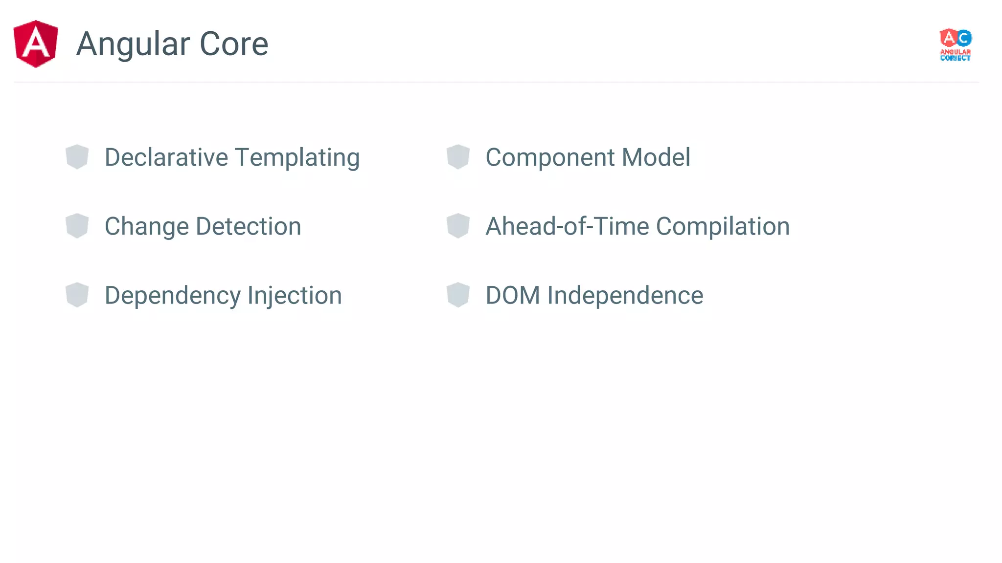 Declarative Templating
Change Detection
Dependency Injection
Component Model
Ahead-of-Time Compilation
DOM Independence
Angular Core
 