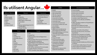 Ils utilisent Angular…
Média etTélécoms
• CBC
• Radio Canada
• Cogeco Media
• Rogers
• Telus
• Videotron
• Stingray Digital
Québec
• RAMQ
• Sûreté du Québec
• Ville de Montréal
• Ville de Longueuil
• Ville de Gatineau
• Unisersité du Québec
• Université de Montréal
• Université Laval
• Université de Sherbrooke
• Commission scolaire de Laval
• Loto Québec
• HydroQuébec
• CRIM (Centre de Recherche
Informatique de Montréal)
• BAnQ (Bibliothèque et Archives
nationales du Québec)
• Caisse de dépôt et placement du
Québec
• Cirque du Soleil
• CCQ (Commission de la
construction du Québec)
• Corporation d'Industrie
Touristique du Québec
• Régime des Bénéfices
Autochtone
• INRS (Institut national de la
recherche scientifique)
Divers
• Boeing
• Fedex
• CanadianTire
• Schneider Electric
• SAP
• ESRI
• Expedia
• Hewlett-Packard
• Fujitsu
• Cisco
• Microsoft
• Jean Coutu
Canada
• CAA
• Canada Post
• CIRA (Canadian Internet Registration
Authority)
• CPA (Canadian Pharmacists Association)
• CMHC (Société canadienne
d'hypothèques et de logement)
• Office of the Superintendent of Financial
Institutions Canada
• ONF (Office national du film du Canada)
• Canadian Museum of History
• CHRC (Canadian Heart ResearchCentre)
Gouvernement et Armée
• Forces Canada
• Government of Canada
• Government of Ontario
• House of Commons
• Emploi et Développement social Canada
• Canadian Cadet Organizations
• Canadian Forces Morale andWelfare
Services
• CMHC (Société canadienne d'hypothèques
et de logement)
• Ministère de la défense Canada
• Ministère de la Santé et des Services
Sociaux
• Ministère de la Sécurité publique
• Ministère de l'Économie, Innovation,
Exportation
• Ministère desTransports du Québec
• Ministère du Développement Durable,
Environnement, Faune et Parcs
• Ressources NaturellesCanada
• Revenu Québec
• SOQUIJ (Société Québécoise d'Information
Juridique)
• Transportation Safety Board of Canada
• Treasury Board of Canada Secretariat
• Nuclear Safety Commission
Banques
• RBC
• Desjardins
• Banque Nationale
• BMO (Bank of Montreal)
• Scotia Bank
• TD
• Banque de développement du
Canada (BDC)
• Morgan Stanley
Assurances
• DesjardinsAssurances
• IndustrielleAlliance
• Intact
• La Capitale
• Manulife
• Pacific Blue Cross
 