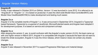 AngularJS
Firstly, it was released in October 2010 on GitHub. Version 1.0 was launched in June 2012. It is referred to as
“AngularJS” or “Angular 1.x”. It is based on javascript. It uses the client-side Model-View-Controller(MVC) and
Model-View-ViewModel(MVVM) to make development and testing much easier.
Angular 2.x.x
Angular 2 is the complete rewrite of Angular 1.x. It was announced in September 2014. Angular2 is Typescript
based framework. Typescript is a superset of JavaScript, Microsoft planted seeds and Angular team adopted it
for development purpose. It is based on service and component concept.
Angular 4.x.x
After skipping the version 3, yes, to avoid confusion with the Angular’s router version (3.0.0), the team came up
with one higher version in March 2017. Angular 4 is compatible with Angular 2 because the team did not want to
break the whole ecosystem. Angular 4.3 was the minor release, which means it does not contain any drastic
changes.
Angular 5.x.x
Angular 5 was released in November 2017 to support Progressive Web Apps and material design.
Angular Version History
 