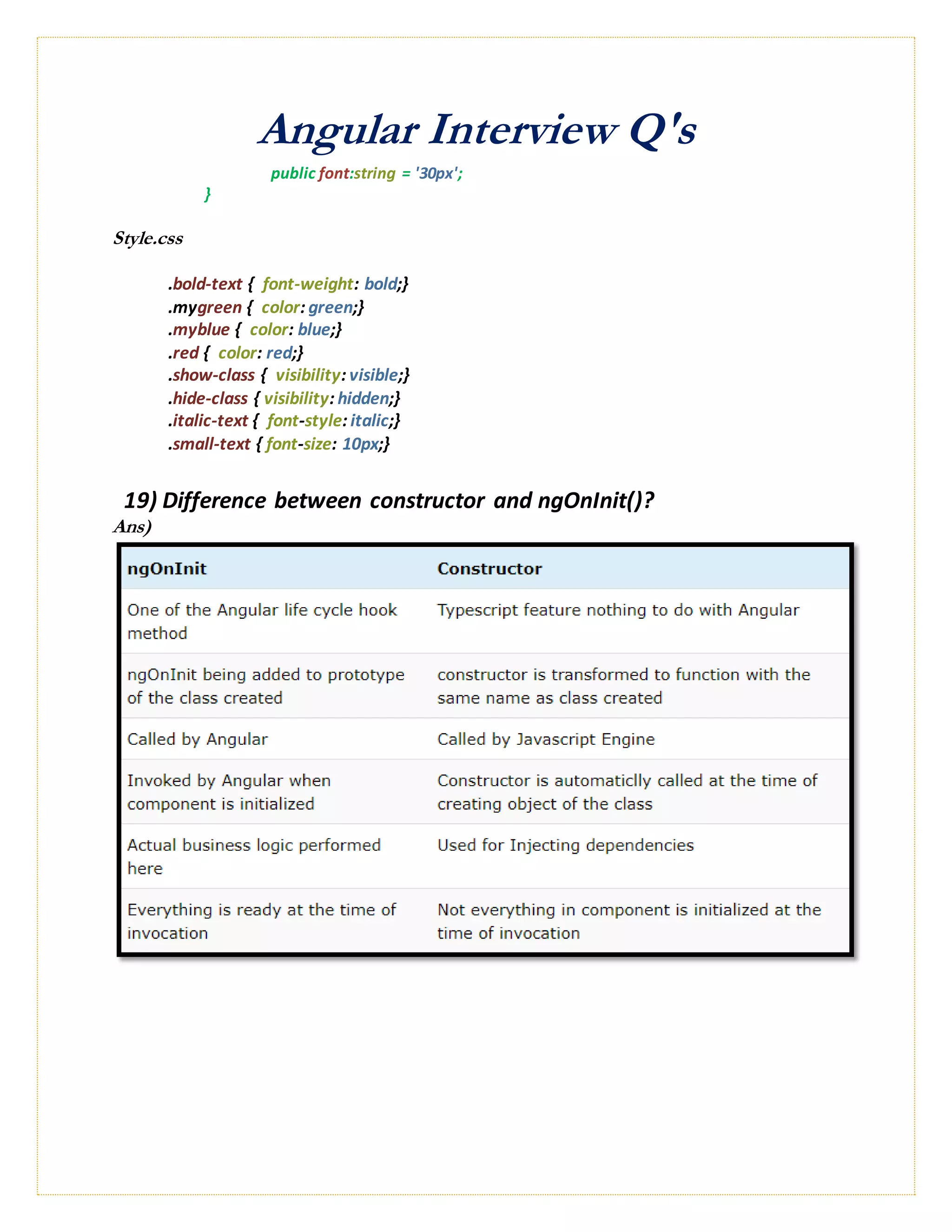 Angular Interview Q's
public font:string = '30px';
}
Style.css
.bold-text { font-weight: bold;}
.mygreen { color: green;}
.myblue { color: blue;}
.red { color: red;}
.show-class { visibility: visible;}
.hide-class { visibility: hidden;}
.italic-text { font-style: italic;}
.small-text { font-size: 10px;}
19) Difference between constructor and ngOnInit()?
Ans)
 