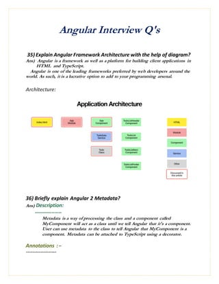 Angular Interview Q's
35) Explain Angular Framework Architecture with the help of diagram?
Ans) Angular is a framework as well as a platform for building client applications in
HTML and TypeScript.
Angular is one of the leading frameworks preferred by web developers around the
world. As such, it is a lucrative option to add to your programming arsenal.
Architecture:
36) Briefly explain Angular 2 Metadata?
Ans) Description:
----------------
Metadata is a way of processing the class and a component called
MyComponent will act as a class until we tell Angular that it's a component.
User can use metadata to the class to tell Angular that MyComponent is a
component. Metadata can be attached to TypeScript using a decorator.
Annotations :−
-------------------
 
