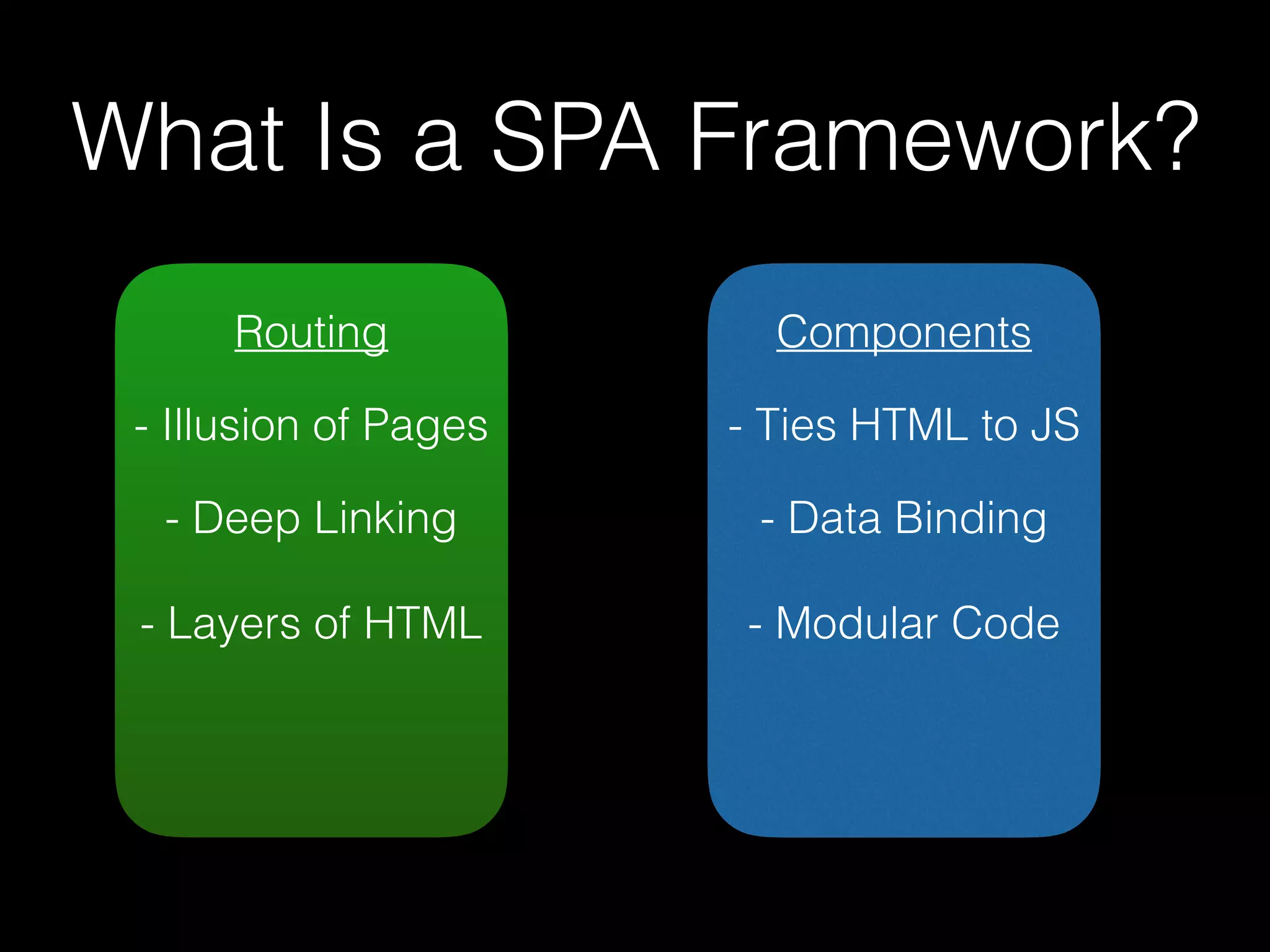 What Is a SPA Framework? Routing - Illusion of Pages - Deep Linking - Layers of HTML Components - Ties HTML to JS - Data Binding - Modular Code 