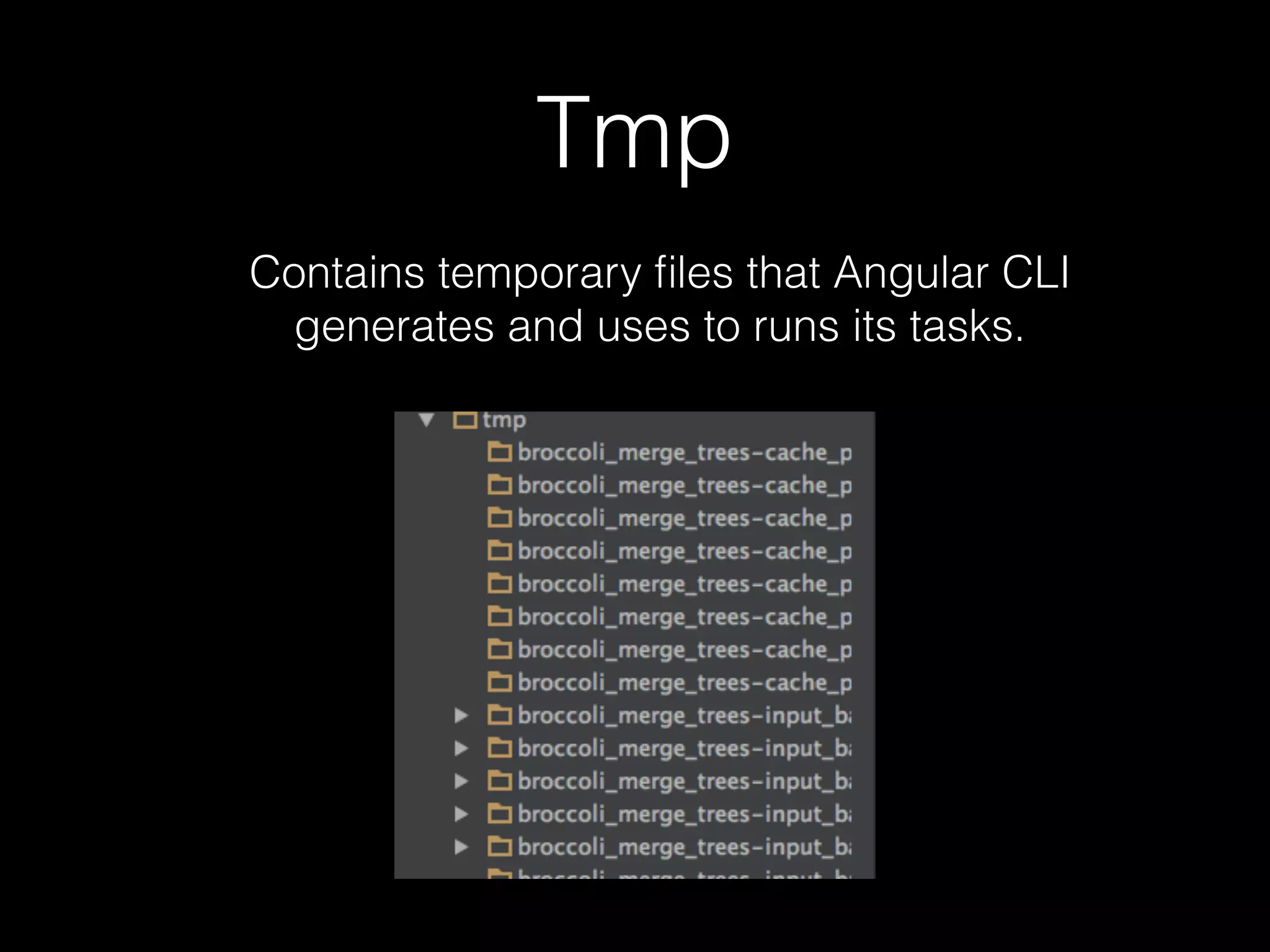 Tmp Contains temporary ﬁles that Angular CLI generates and uses to runs its tasks. 