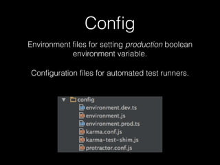 Conﬁg
Environment ﬁles for setting production boolean
environment variable.
Conﬁguration ﬁles for automated test runners.
 