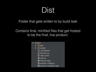Dist
Folder that gets written to by build task
Contains ﬁnal, miniﬁed ﬁles that get hosted
to be the ﬁnal, live product.
 