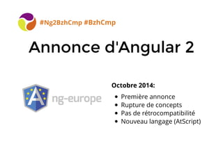 Annonce d'Angular 2Annonce d'Angular 2
#Ng2BzhCmp #BzhCmp
Octobre 2014:
Première annonce
Rupture de concepts
Pas de rétrocompatibilité
Nouveau langage (AtScript)
 