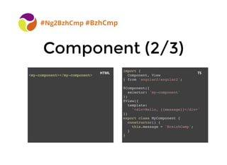 BreizhCamp 2015 #BzhCmp
Component (2/3)Component (2/3)
#Ng2BzhCmp #BzhCmp
import {
Component, View
} from 'angular2/angula...