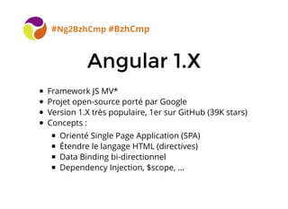 Angular 1.XAngular 1.X
#Ng2BzhCmp #BzhCmp
Framework JS MV*
Projet open-source porté par Google
Version 1.X très populaire,...