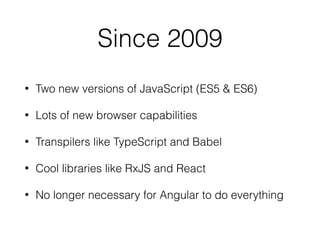 What’s in our package.json?
• @angular - Angular components
• core-js - Modular standard library for JavaScript
• rxjs - Reactive extensions library
• zone.js - Implements Zones for JavaScript
 