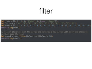Destructuring
• Maps the data on the right side of the equals sign
to the variables on the left
• The data type decides the way values are mapped
• It is either object or array destructuring
 