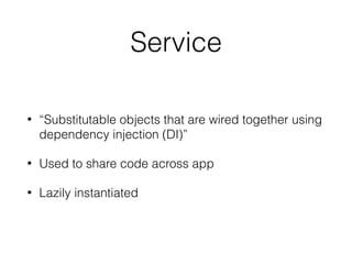Data Binding
C/D Attribute Binding type
—> {{ value }} one-way
—> [property] = “value” property
<— (event) = “handler” event
<—> [(ng-model)] = “property” two-way
 