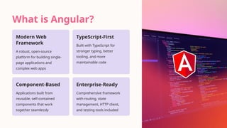 What is Angular?
Modern Web
Framework
A robust, open-source
platform for building single-
page applications and
complex web apps
TypeScript-First
Built with TypeScript for
stronger typing, better
tooling, and more
maintainable code
Component-Based
Applications built from
reusable, self-contained
components that work
together seamlessly
Enterprise-Ready
Comprehensive framework
with routing, state
management, HTTP client,
and testing tools included
 
