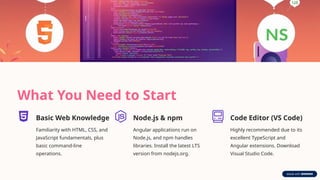 What You Need to Start
Basic Web Knowledge
Familiarity with HTML, CSS, and
JavaScript fundamentals, plus
basic command-line
operations.
Node.js & npm
Angular applications run on
Node.js, and npm handles
libraries. Install the latest LTS
version from nodejs.org.
Code Editor (VS Code)
Highly recommended due to its
excellent TypeScript and
Angular extensions. Download
Visual Studio Code.
 