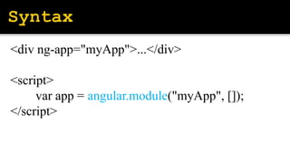 <div ng-app="myApp">...</div>
<script>
var app = angular.module("myApp", []);
</script>
 