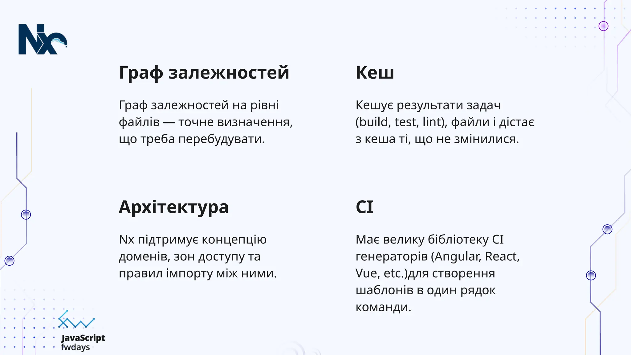CI
Граф залежностей
Nx підтримує концепцію
доменів, зон доступу та
правил імпорту між ними.
Має велику бібліотеку CI
генераторів (Angular, React,
Vue, etc.)для створення
шаблонів в один рядок
команди.
Архітектура
Граф залежностей на рівні
файлів — точне визначення,
що треба перебудувати.
Кеш
Кешує результати задач
(build, test, lint), файли і дістає
з кеша ті, що не змінилися.
 