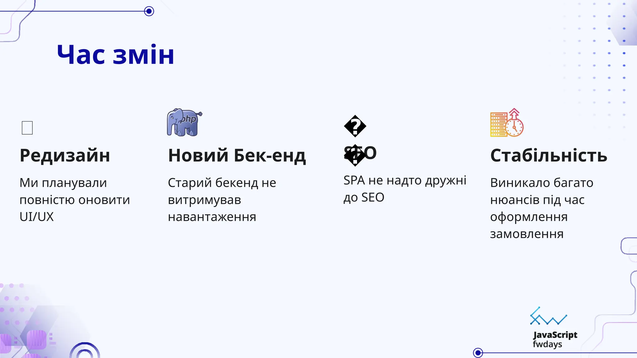 Час змін
Старий бекенд не
витримував
навантаження
Ми планували
повністю оновити
UI/UX
Новий Бек-енд
Редизайн
🎨
SPA не надто дружні
до SEO
SEO
�
�
Виникало багато
нюансів під час
оформлення
замовлення
Стабільність
 