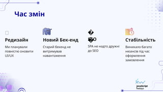 Час змін
Старий бекенд не
витримував
навантаження
Ми планували
повністю оновити
UI/UX
Новий Бек-енд
Редизайн
🎨
SPA не надто дружні
до SEO
SEO
�
�
Виникало багато
нюансів під час
оформлення
замовлення
Стабільність
 