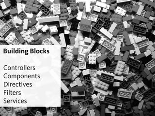 Building Blocks
!
Controllers
Components
Directives
Filters
Services
 