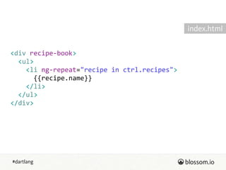 #dartlang
<div  recipe-­‐book>  
    <ul>  
        <li  ng-­‐repeat="recipe  in  ctrl.recipes">  
            {{recipe.name}}  
        </li>  
    </ul>  
</div>
index.html
 
