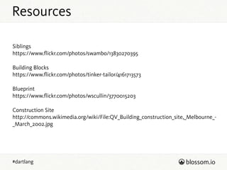 Resources
#dartlang
Siblings 
https://www.ﬂickr.com/photos/swambo/13830270395
Building Blocks 
https://www.ﬂickr.com/photos/tinker-tailor/4161713573
Blueprint 
https://www.ﬂickr.com/photos/wscullin/3770015203
Construction Site 
http://commons.wikimedia.org/wiki/File:QV_Building_construction_site,_Melbourne_-
_March_2002.jpg
 