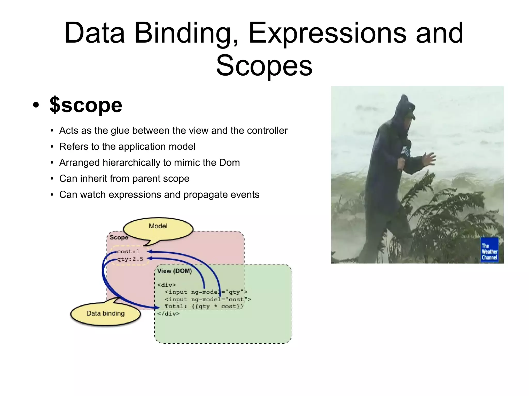 Data Binding, Expressions and
Scopes
● $scope
● Acts as the glue between the view and the controller
● Refers to the application model
●
Arranged hierarchically to mimic the Dom
●
Can inherit from parent scope
● Can watch expressions and propagate events
 