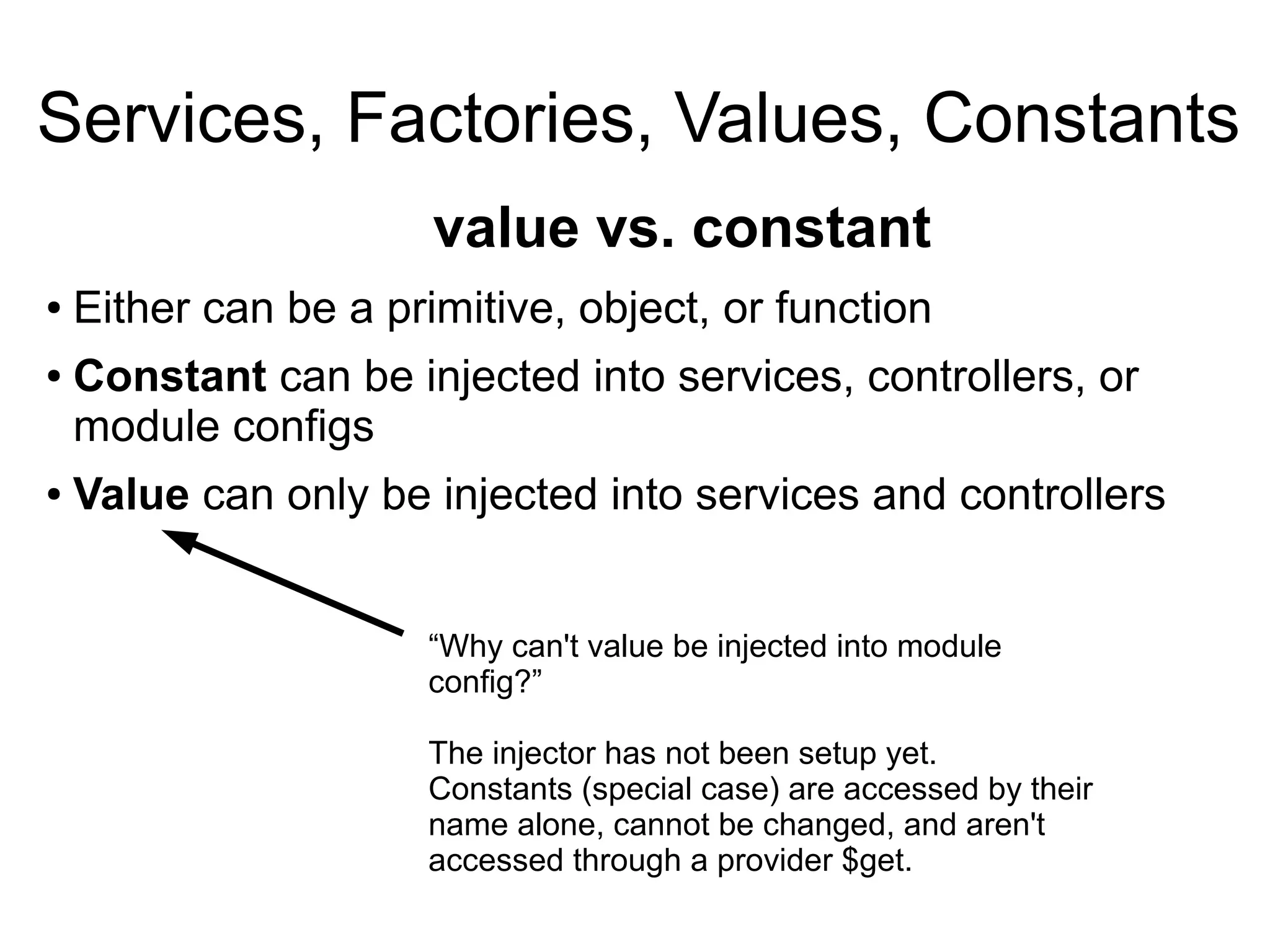 Services, Factories, Values, Constants
● Either can be a primitive, object, or function
● Constant can be injected into services, controllers, or
module configs
● Value can only be injected into services and controllers
value vs. constant
“Why can't value be injected into module
config?”
The injector has not been setup yet.
Constants (special case) are accessed by their
name alone, cannot be changed, and aren't
accessed through a provider $get.
 