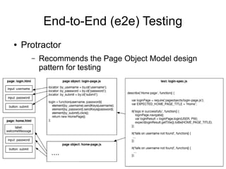 End-to-End (e2e) Testing
● Protractor
– Recommends the Page Object Model design
pattern for testing
 