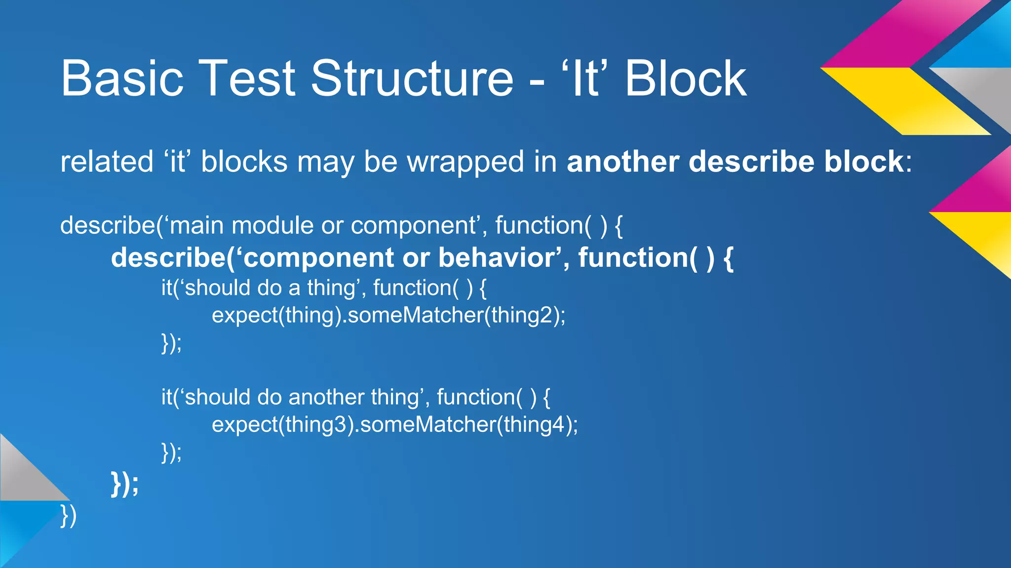 Basic Test Structure - ‘It’ Block
related ‘it’ blocks may be wrapped in another describe block:
describe(‘main module or component’, function( ) {
describe(‘component or behavior’, function( ) {
it(‘should do a thing’, function( ) {
expect(thing).someMatcher(thing2);
});
it(‘should do another thing’, function( ) {
expect(thing3).someMatcher(thing4);
});
});
})
 