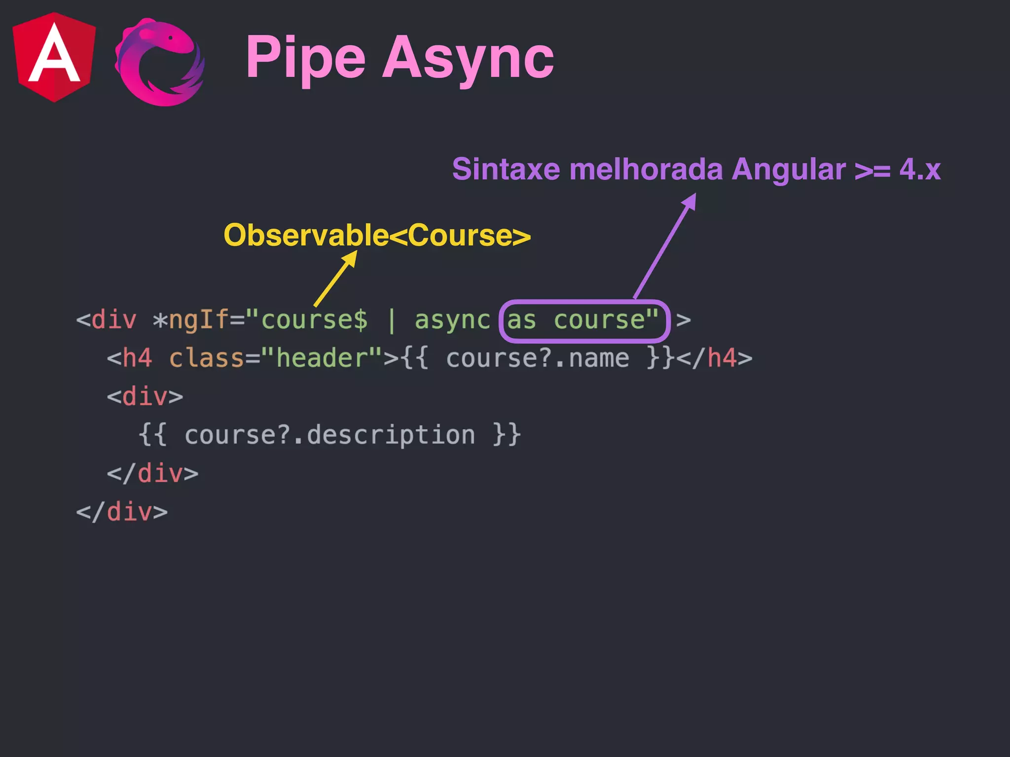 Pipe Async Observable<Course> Sintaxe melhorada Angular >= 4.x 