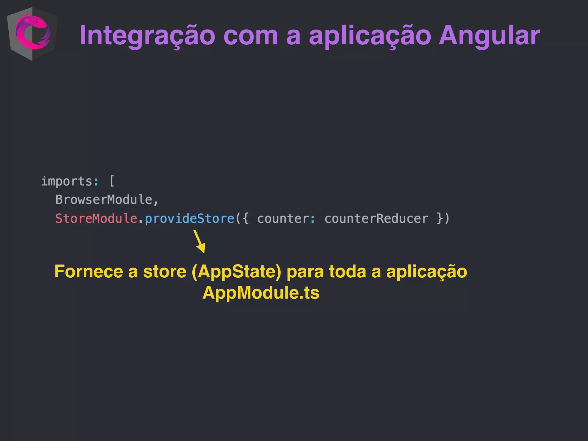 Integração com a aplicação Angular Fornece a store (AppState) para toda a aplicação AppModule.ts 