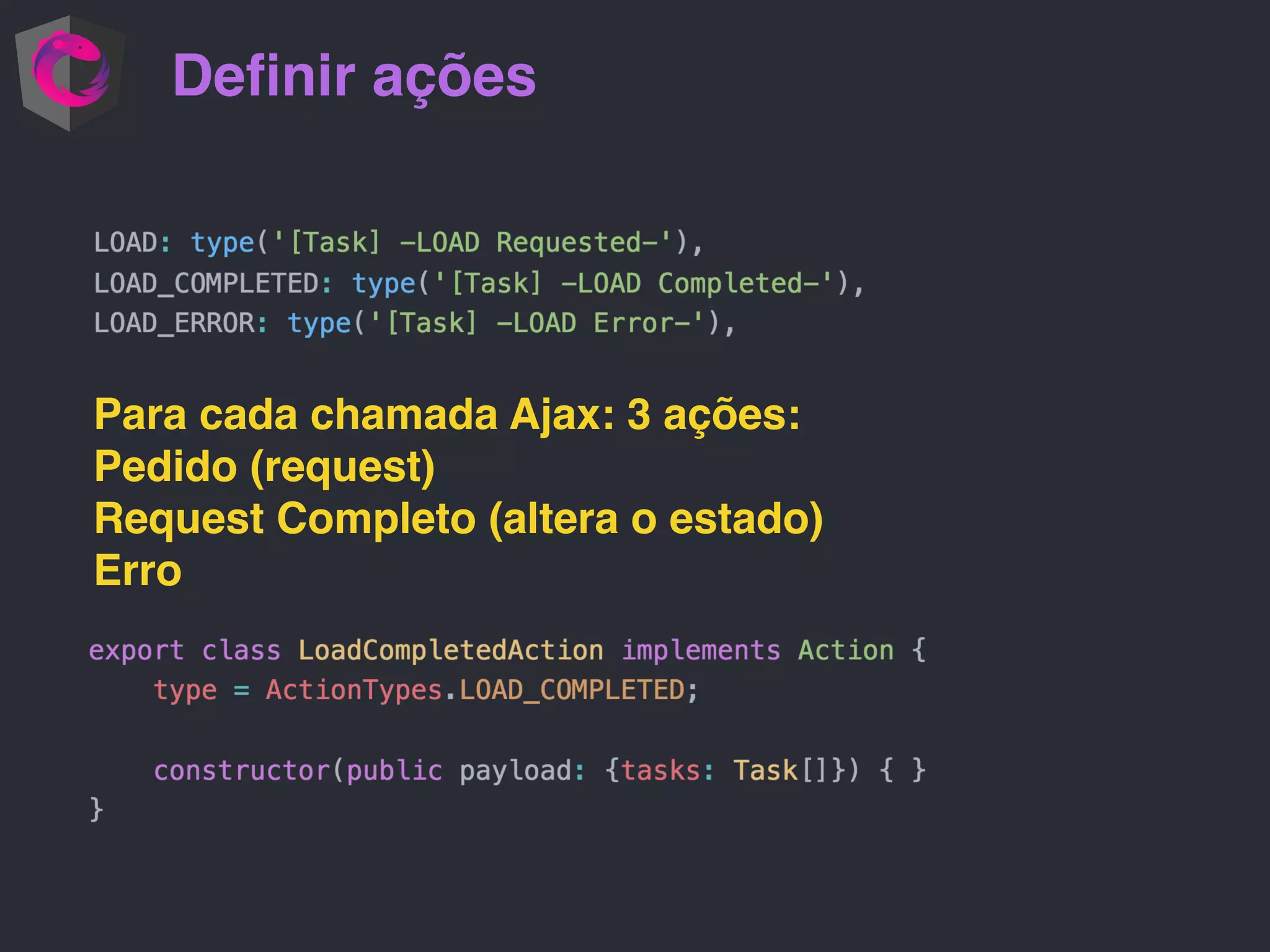 Deﬁnir ações Para cada chamada Ajax: 3 ações: Pedido (request) Request Completo (altera o estado) Erro 