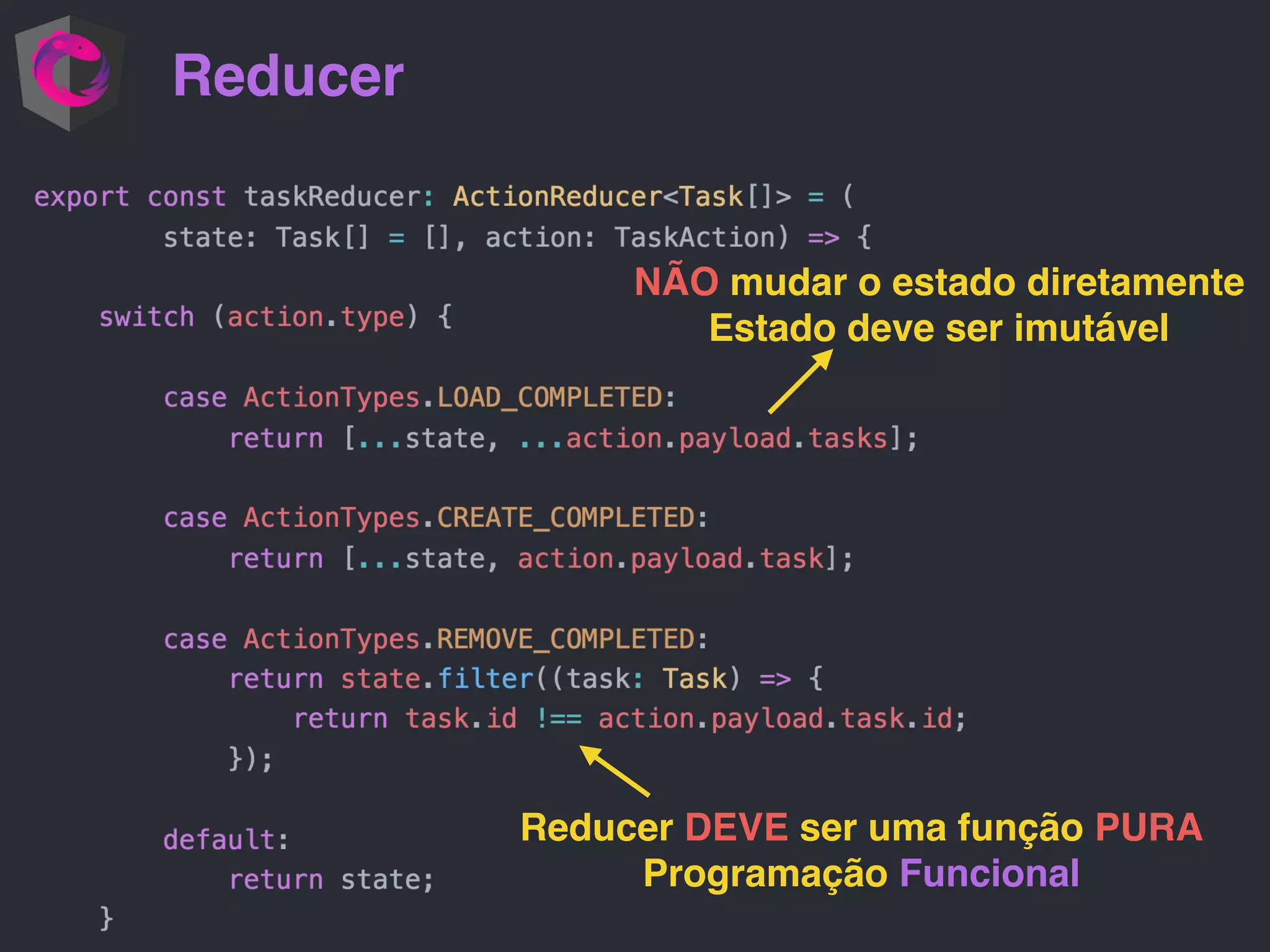Reducer NÃO mudar o estado diretamente Estado deve ser imutável Reducer DEVE ser uma função PURA Programação Funcional 