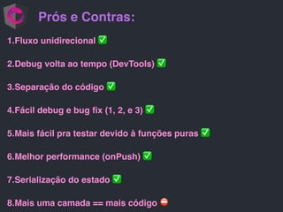 Prós e Contras:
1.Fluxo unidirecional ✅
2.Debug volta ao tempo (DevTools) ✅
3.Separação do código ✅
4.Fácil debug e bug ﬁx (1, 2, e 3) ✅
5.Mais fácil pra testar devido à funções puras ✅
6.Melhor performance (onPush) ✅
7.Serialização do estado ✅
8.Mais uma camada == mais código ⛔
 