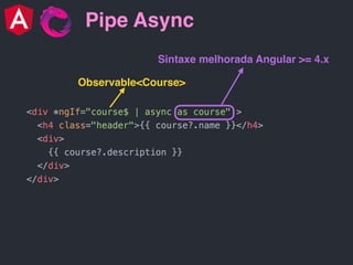Pipe Async
Observable<Course>
Sintaxe melhorada Angular >= 4.x
 