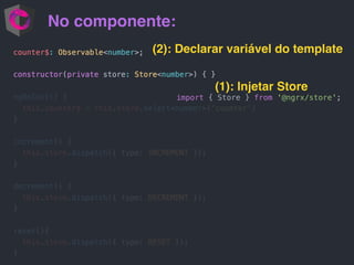 No componente:
(1): Injetar Store
import { Store } from '@ngrx/store';
(2): Declarar variável do template
 