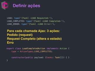 Deﬁnir ações
Para cada chamada Ajax: 3 ações:
Pedido (request)
Request Completo (altera o estado)
Erro
 