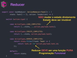 Reducer
NÃO mudar o estado diretamente
Estado deve ser imutável
Reducer DEVE ser uma função PURA
Programação Funcional
 