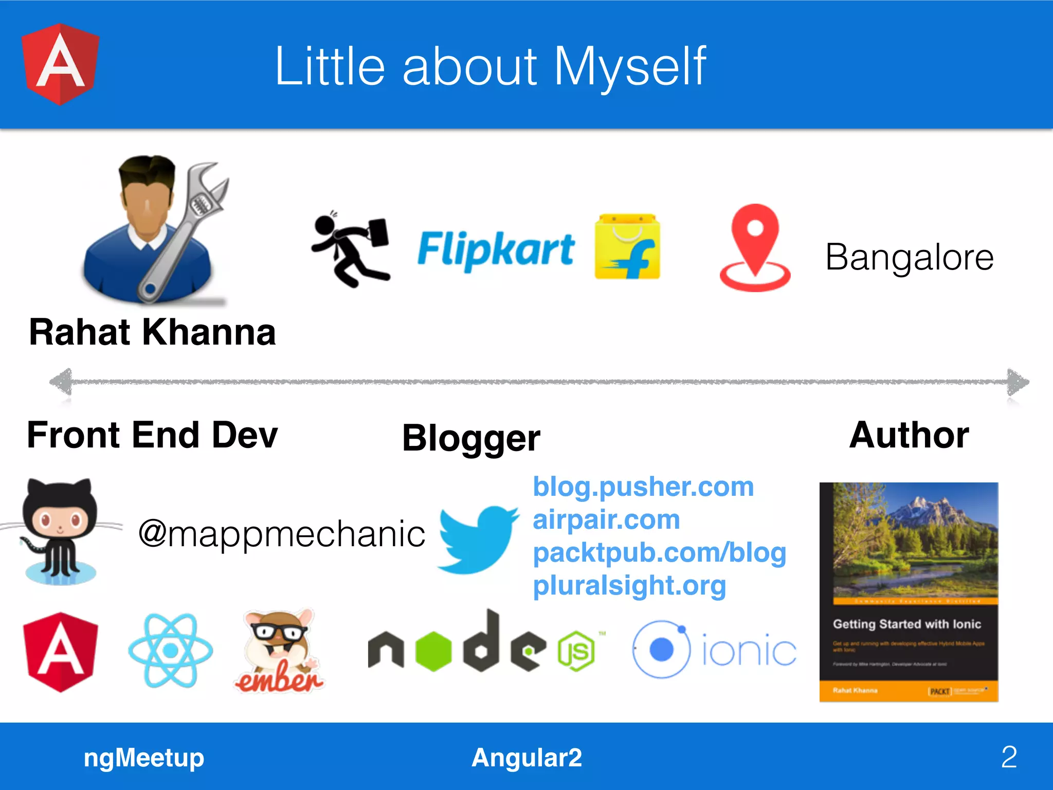 ngMeetup Angular2 Little about Myself 2 Rahat Khanna @mappmechanic Bangalore Front End Dev Blogger Author blog.pusher.com airpair.com packtpub.com/blog pluralsight.org 
