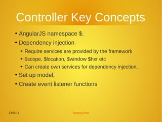 13/05/12 Jumping Bean
Controller Key Concepts
➔ AngularJS namespace $,
➔ Dependency injection
➔ Require services are provided by the framework
➔ $scope, $location, $window $hxr etc
➔ Can create own services for dependency injection,
➔ Set up model,
➔ Create event listener functions
 