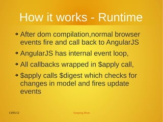 13/05/12 Jumping Bean
How it works - Runtime
➔ After dom compilation,normal browser
events fire and call back to AngularJS
➔ AngularJS has internal event loop,
➔ All callbacks wrapped in $apply call,
➔ $apply calls $digest which checks for
changes in model and fires update
events
 