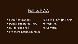 Full-to PWA
• Push Notifications  GCM | FCM |Push API
• Deeply Integrated PWA  WebAPK
• SSR for app Shell  Universal
• Pre cache hashed bundles
 